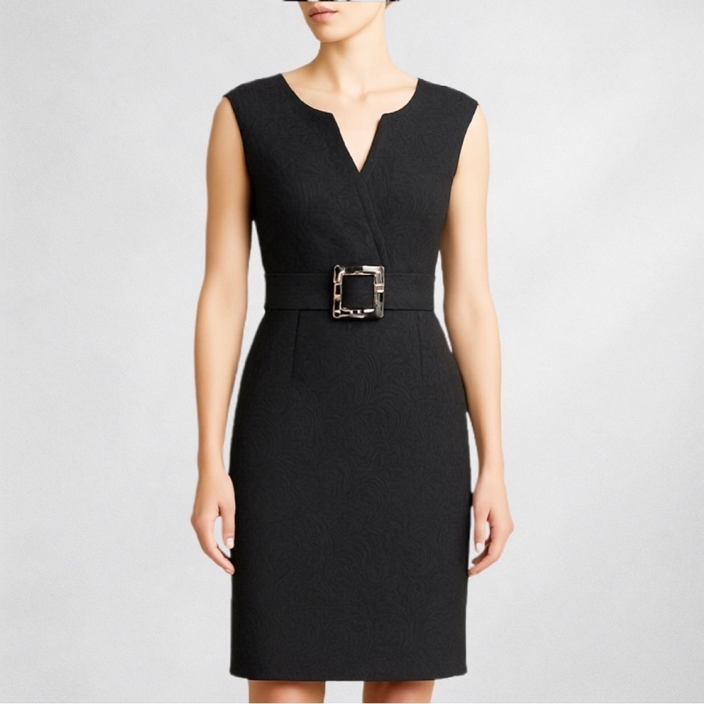 Eliza J New York Black Jacquard Belted Sheath Dress Women’s Size 10